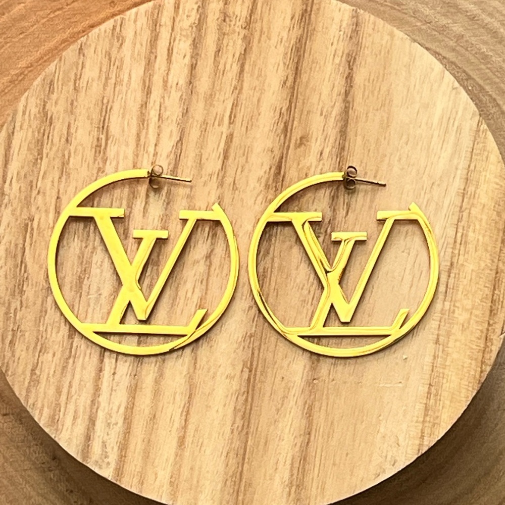 Initial Gold 2.5” Designer Logo Hoop Pierced Earrings